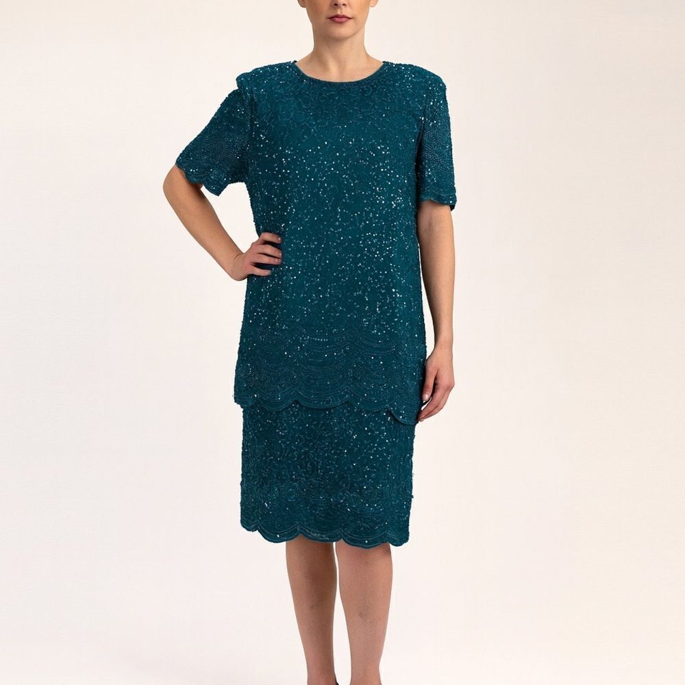 Laurence Kazar Vintage Green Beaded Silk Short Sleeve Dress Size XL